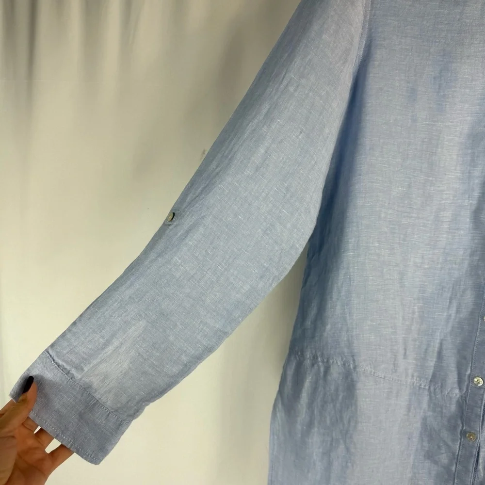 Tahari French blue 100% linen tunic shirt top split hem S Button -Up Top - Picture 6 of 14